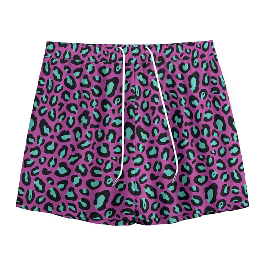 Purple And Teal Leopard Pattern Print Mesh Shorts