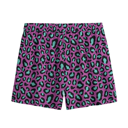 Purple And Teal Leopard Pattern Print Mesh Shorts