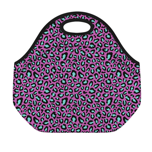 Purple And Teal Leopard Pattern Print Neoprene Lunch Bag