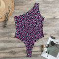 Purple And Teal Leopard Pattern Print One Shoulder Bodysuit