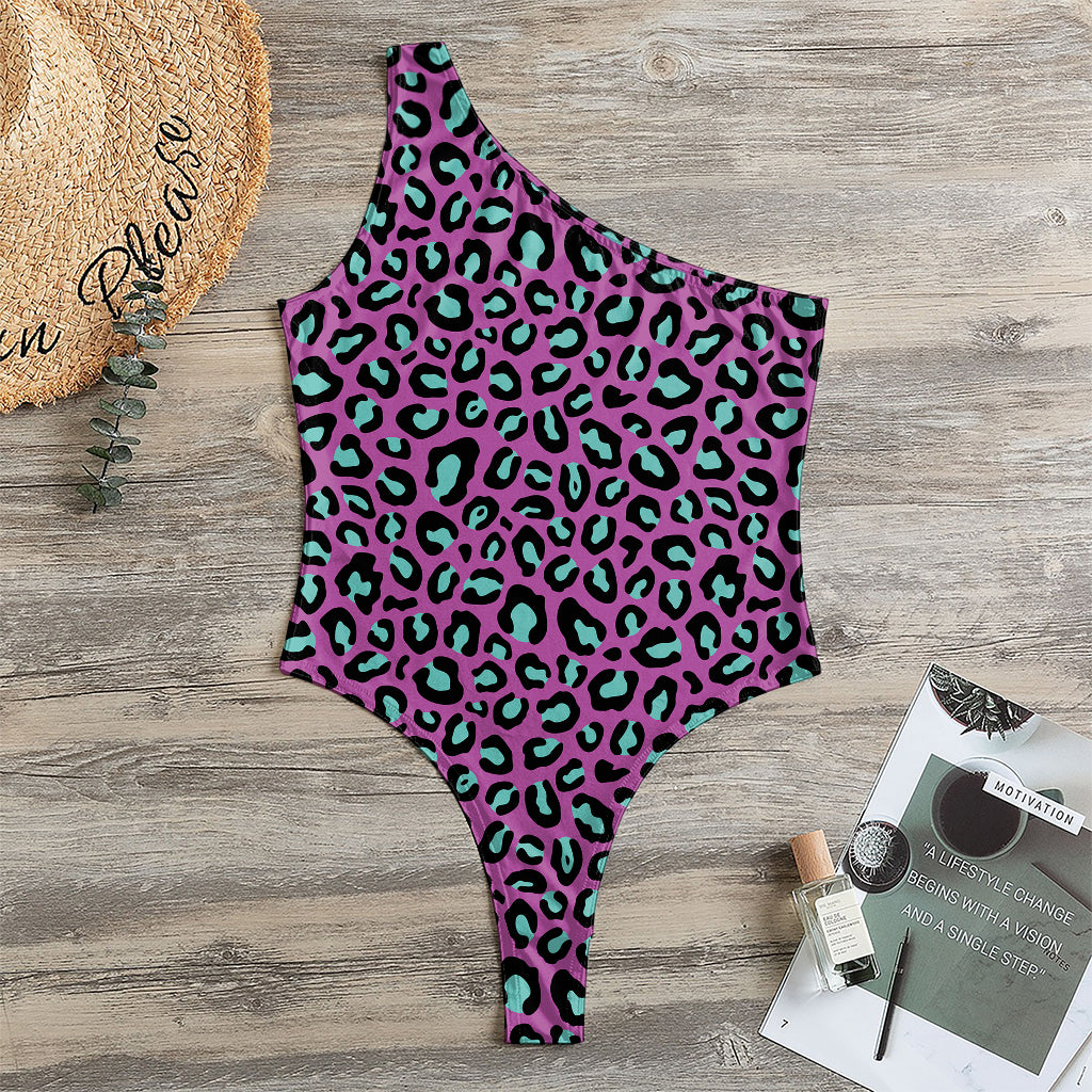 Purple And Teal Leopard Pattern Print One Shoulder Bodysuit