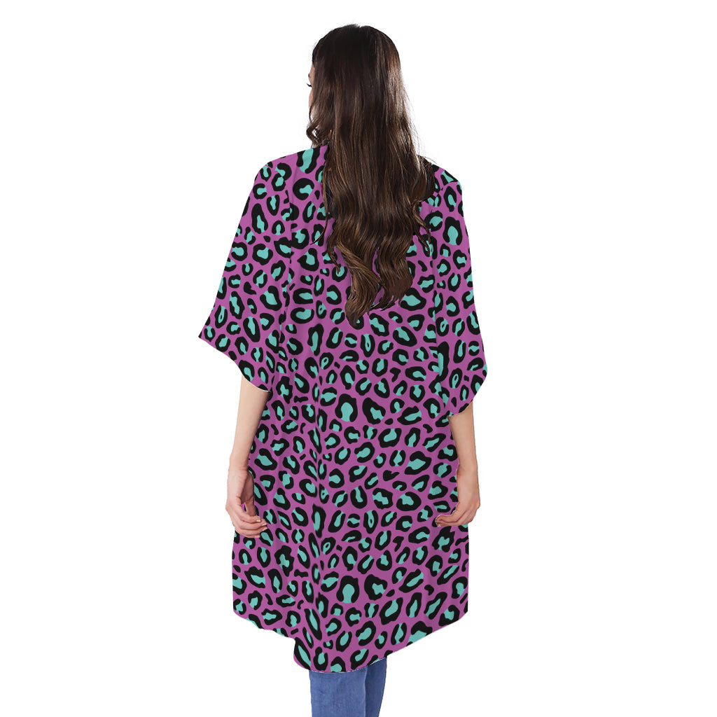 Purple And Teal Leopard Pattern Print Open Front Beach Cover Up