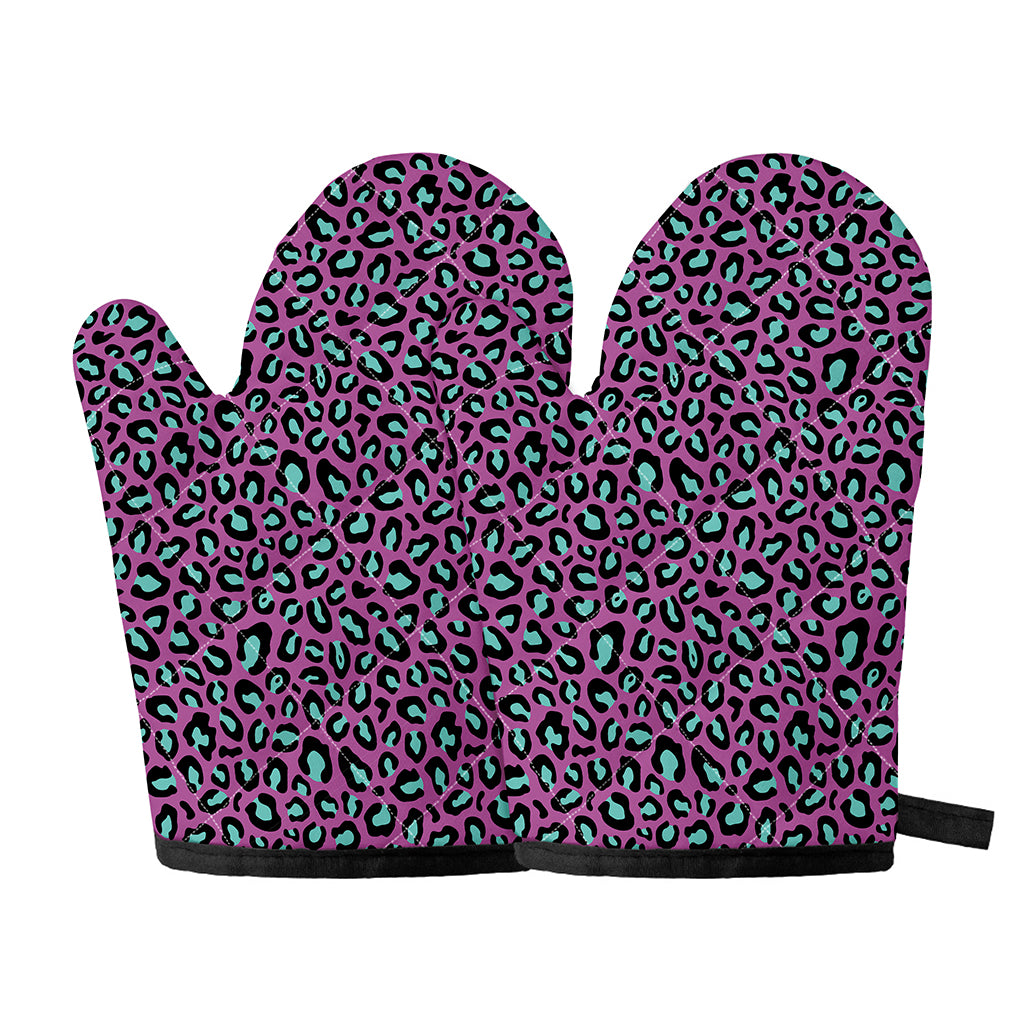 Purple And Teal Leopard Pattern Print Oven Mitts