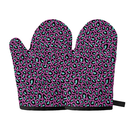 Purple And Teal Leopard Pattern Print Oven Mitts