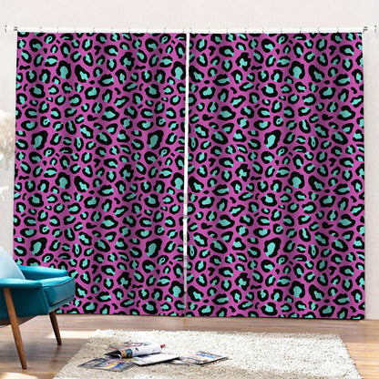 Purple And Teal Leopard Pattern Print Pencil Pleat Curtains