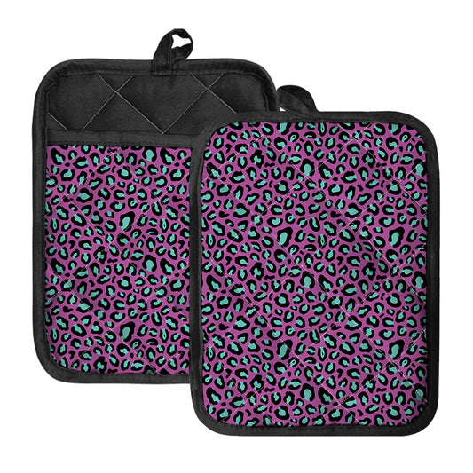 Purple And Teal Leopard Pattern Print Pot Holders With Pocket