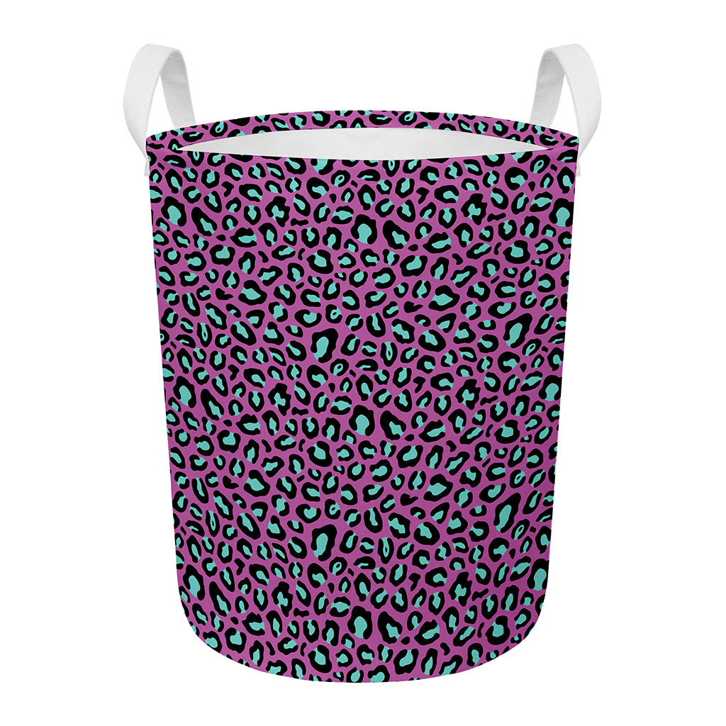Purple And Teal Leopard Pattern Print Round Laundry Basket