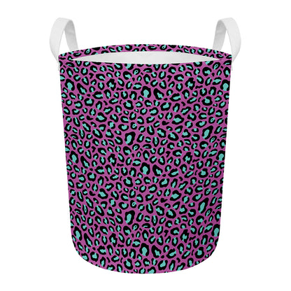 Purple And Teal Leopard Pattern Print Round Laundry Basket