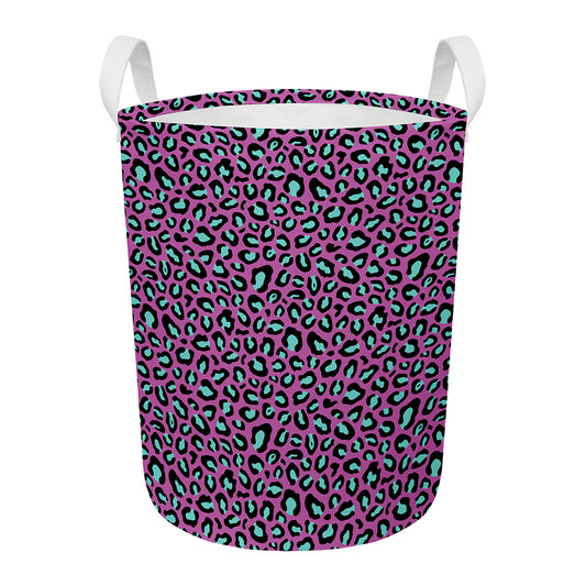 Purple And Teal Leopard Pattern Print Round Laundry Basket