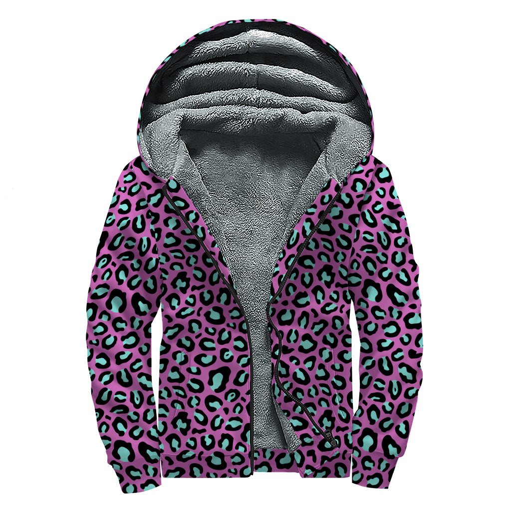 Purple And Teal Leopard Pattern Print Sherpa Lined Zip Up Hoodie
