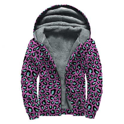 Purple And Teal Leopard Pattern Print Sherpa Lined Zip Up Hoodie