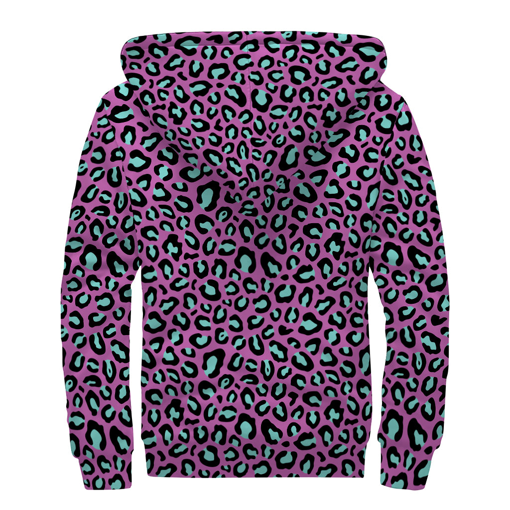 Purple And Teal Leopard Pattern Print Sherpa Lined Zip Up Hoodie