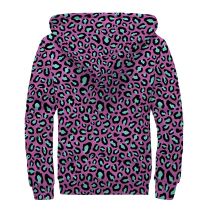 Purple And Teal Leopard Pattern Print Sherpa Lined Zip Up Hoodie