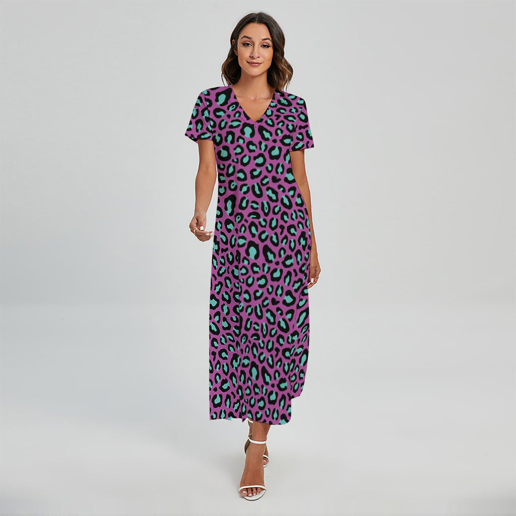 Purple And Teal Leopard Pattern Print Short Sleeve Maxi Dress