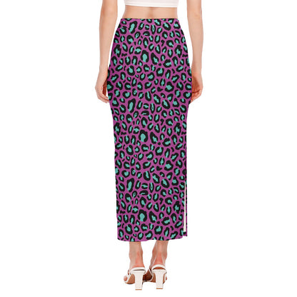 Purple And Teal Leopard Pattern Print Side Slit Maxi Skirt