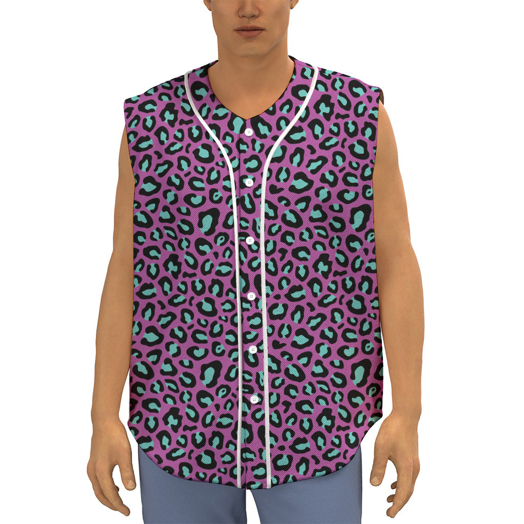 Purple And Teal Leopard Pattern Print Sleeveless Baseball Jersey