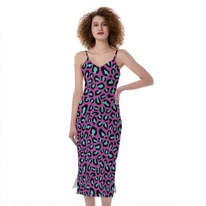 Purple And Teal Leopard Pattern Print Slim Fit Midi Cami Dress