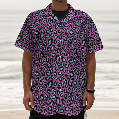 Purple And Teal Leopard Pattern Print Textured Short Sleeve Shirt