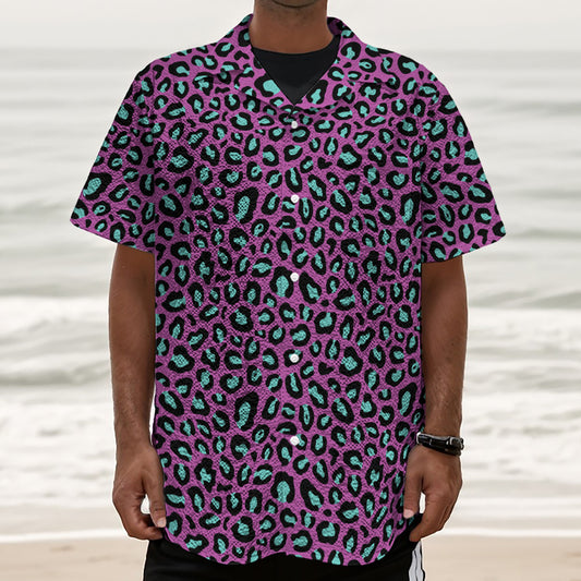 Purple And Teal Leopard Pattern Print Textured Short Sleeve Shirt