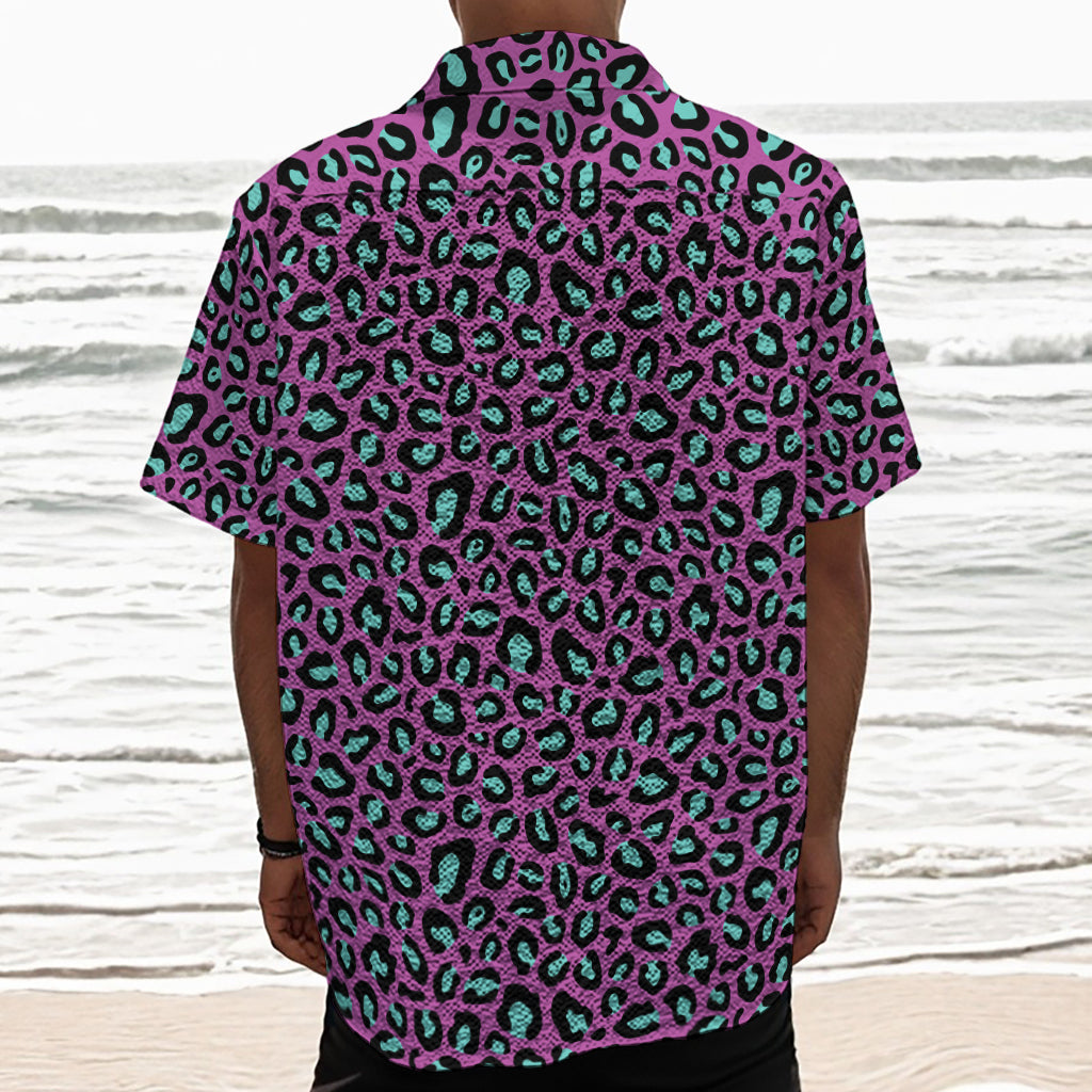 Purple And Teal Leopard Pattern Print Textured Short Sleeve Shirt