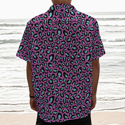 Purple And Teal Leopard Pattern Print Textured Short Sleeve Shirt