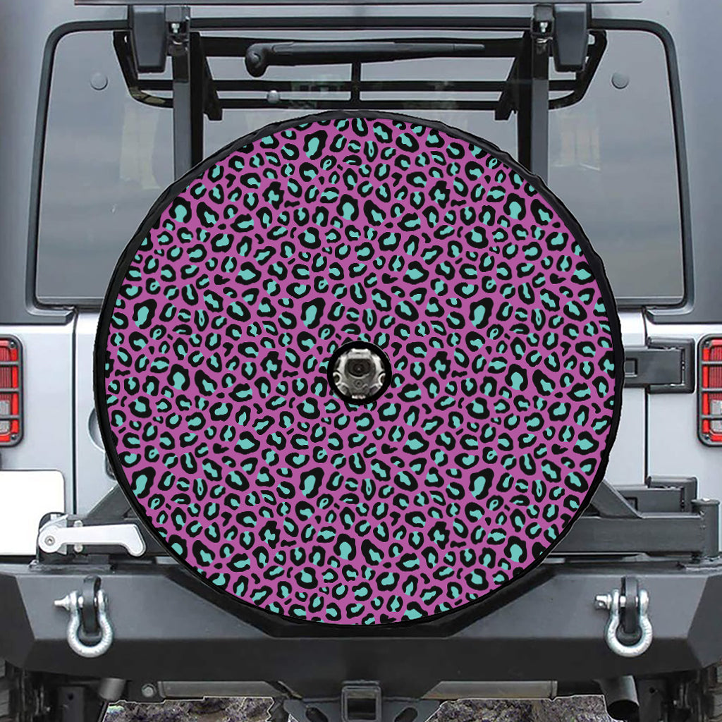 Purple And Teal Leopard Pattern Print Tire Cover With Camera Hole