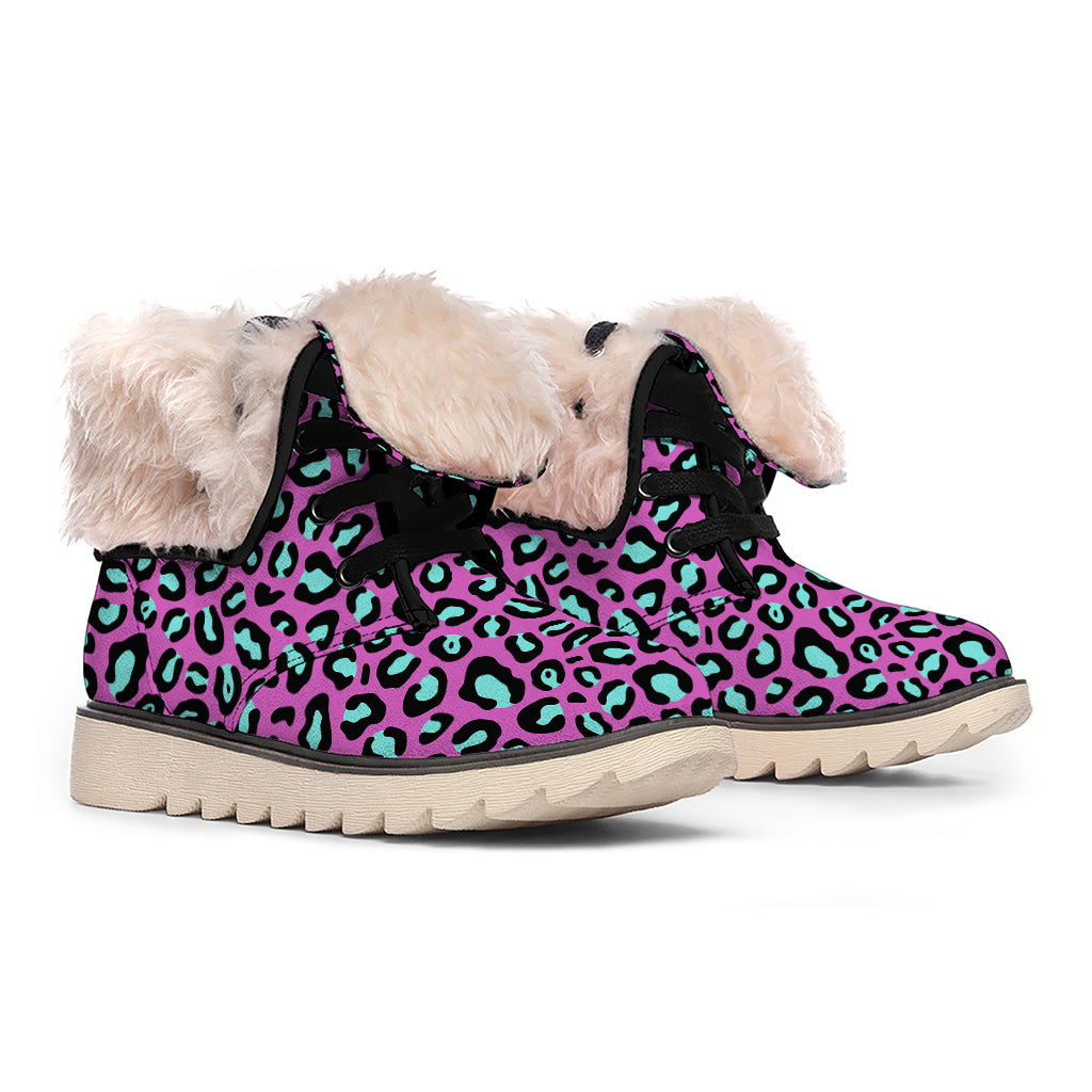 Purple And Teal Leopard Pattern Print Winter Boots