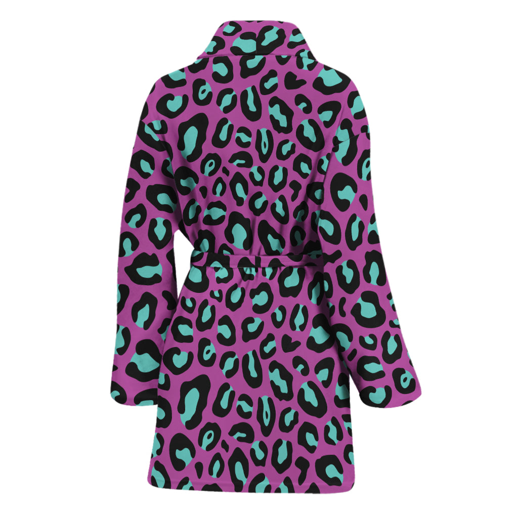 Purple And Teal Leopard Pattern Print Women's Bathrobe