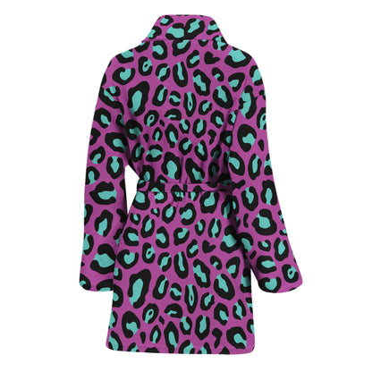 Purple And Teal Leopard Pattern Print Women's Bathrobe