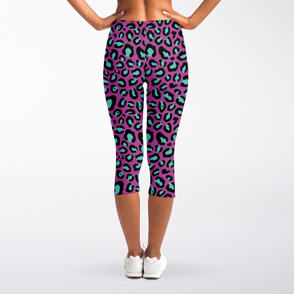 Purple And Teal Leopard Pattern Print Women's Capri Leggings