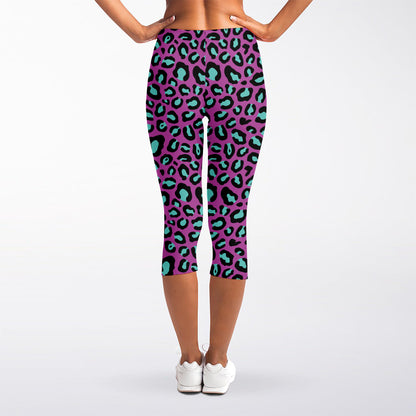 Purple And Teal Leopard Pattern Print Women's Capri Leggings