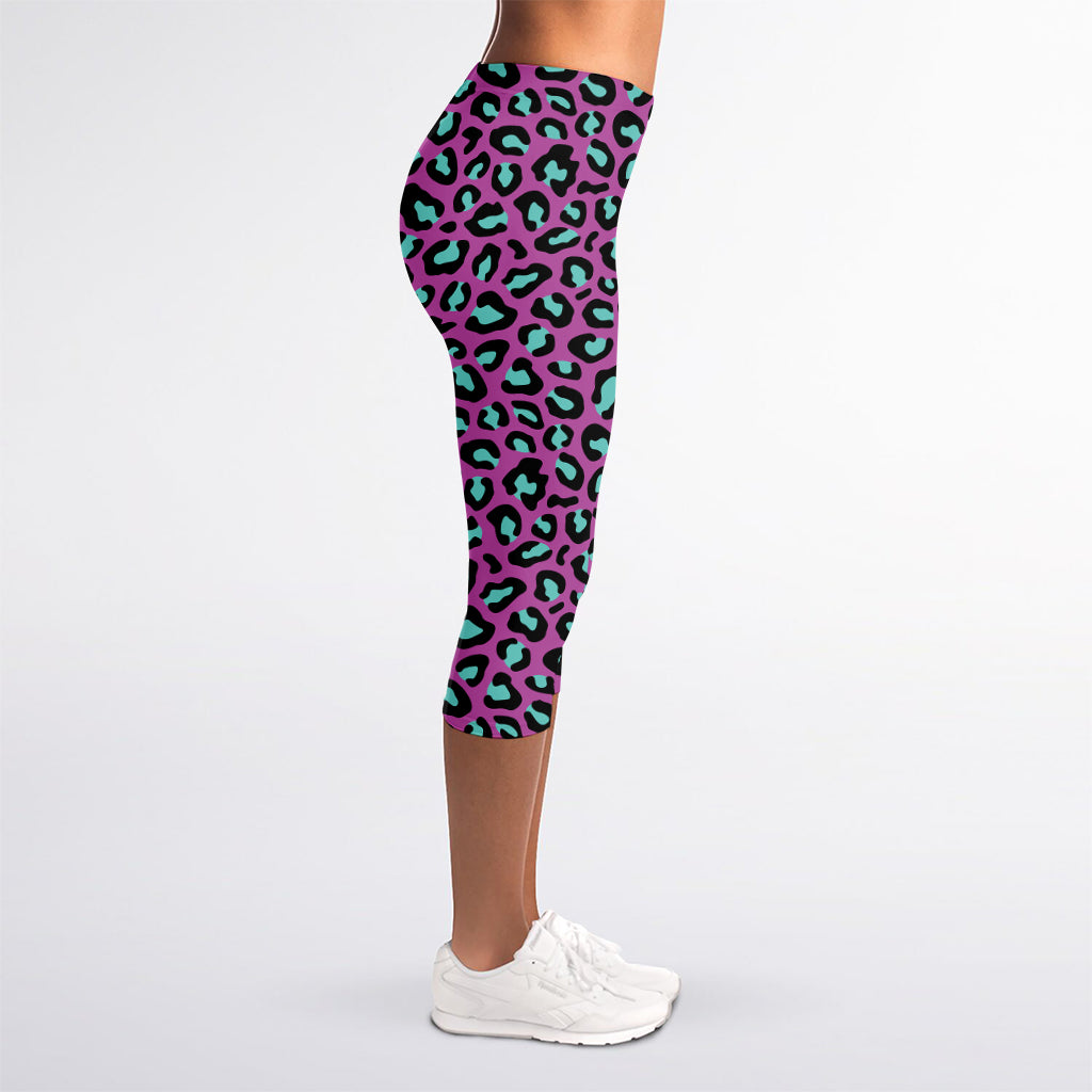 Purple And Teal Leopard Pattern Print Women's Capri Leggings