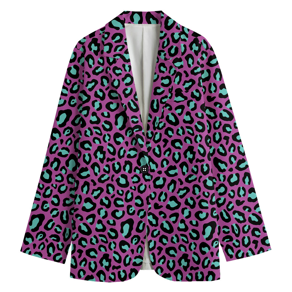 Purple And Teal Leopard Pattern Print Women's Cotton Blazer