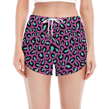 Purple And Teal Leopard Pattern Print Women's Split Running Shorts
