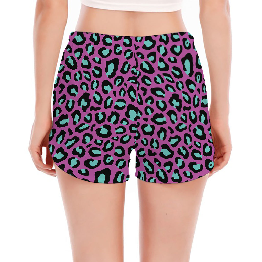 Purple And Teal Leopard Pattern Print Women's Split Running Shorts
