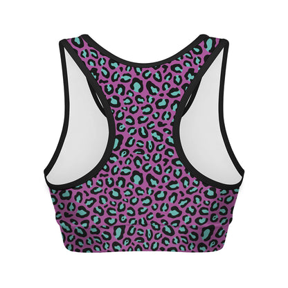 Purple And Teal Leopard Pattern Print Women's Sports Bra