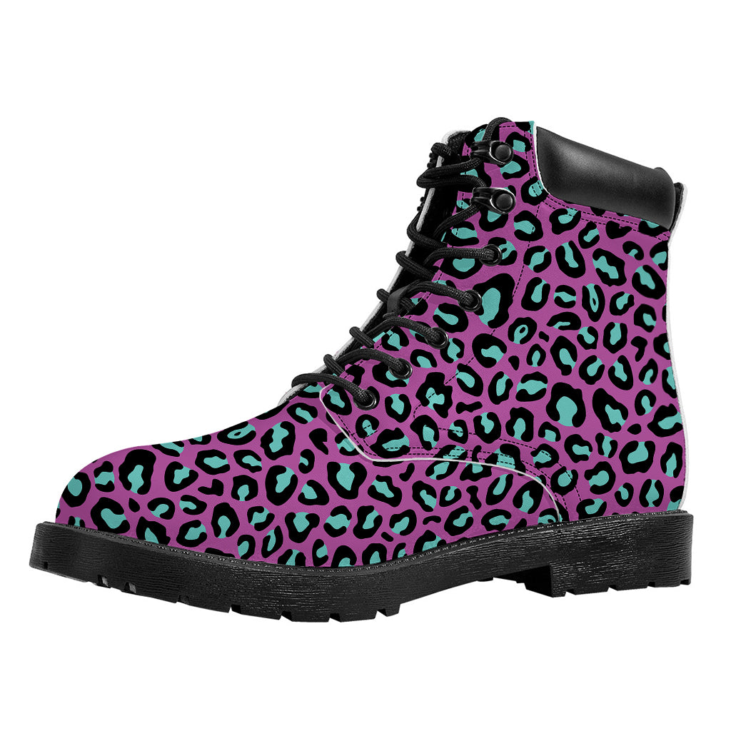 Purple And Teal Leopard Pattern Print Work Boots