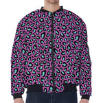 Purple And Teal Leopard Pattern Print Zip Sleeve Bomber Jacket