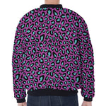 Purple And Teal Leopard Pattern Print Zip Sleeve Bomber Jacket