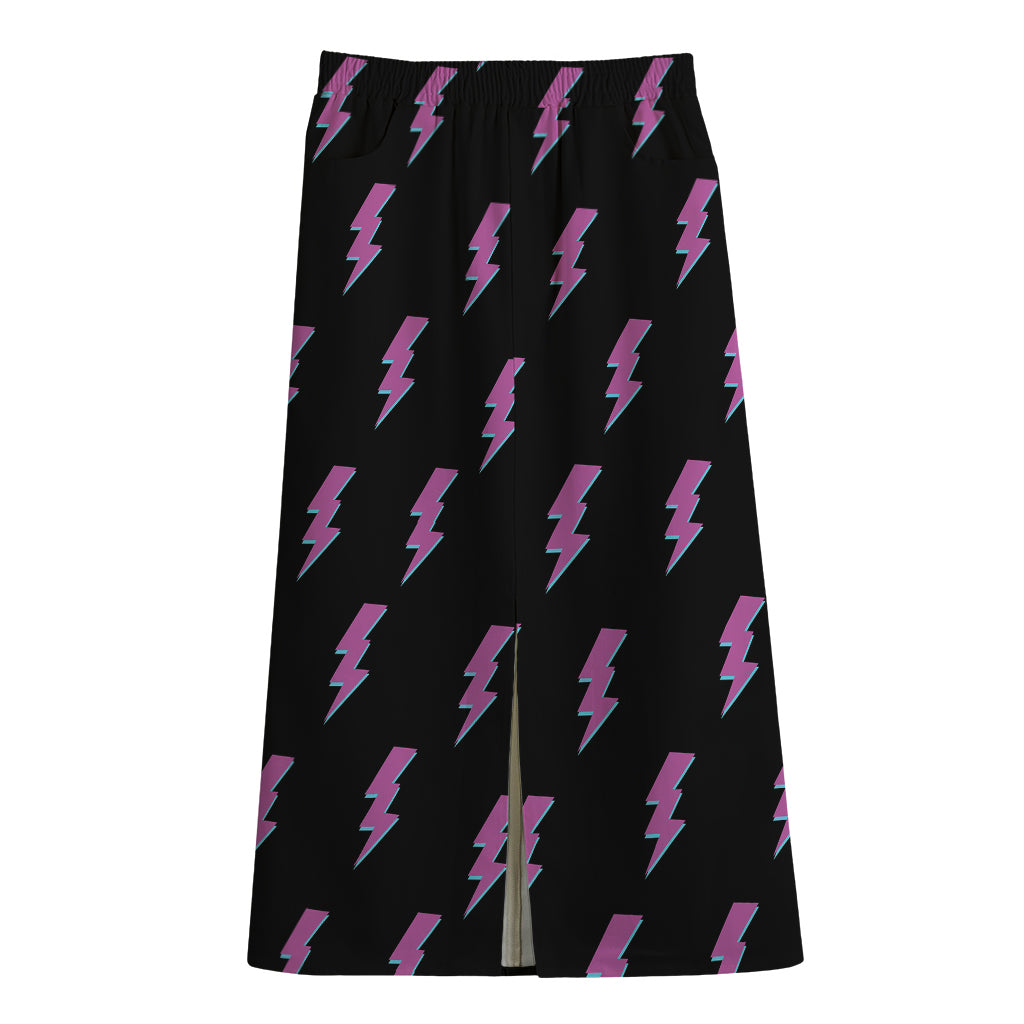 Purple And Teal Lightning Pattern Print Cotton Front Slit Maxi Skirt