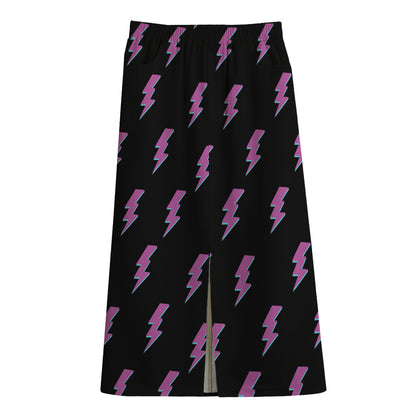Purple And Teal Lightning Pattern Print Cotton Front Slit Maxi Skirt