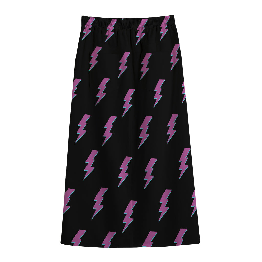 Purple And Teal Lightning Pattern Print Cotton Front Slit Maxi Skirt