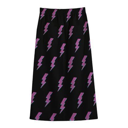 Purple And Teal Lightning Pattern Print Cotton Front Slit Maxi Skirt
