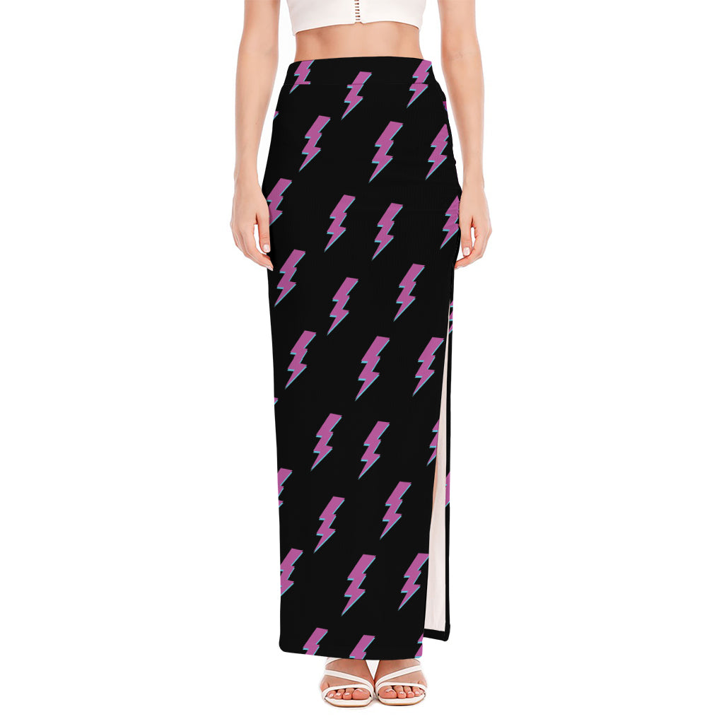 Purple And Teal Lightning Pattern Print High Slit Maxi Skirt