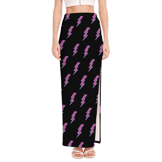Purple And Teal Lightning Pattern Print High Slit Maxi Skirt