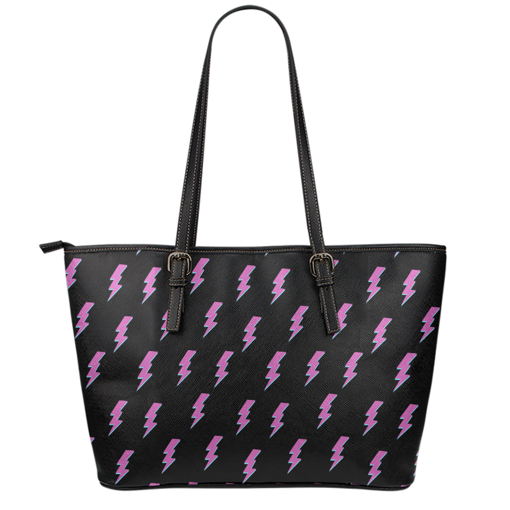 Purple And Teal Lightning Pattern Print Leather Tote Bag