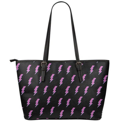 Purple And Teal Lightning Pattern Print Leather Tote Bag