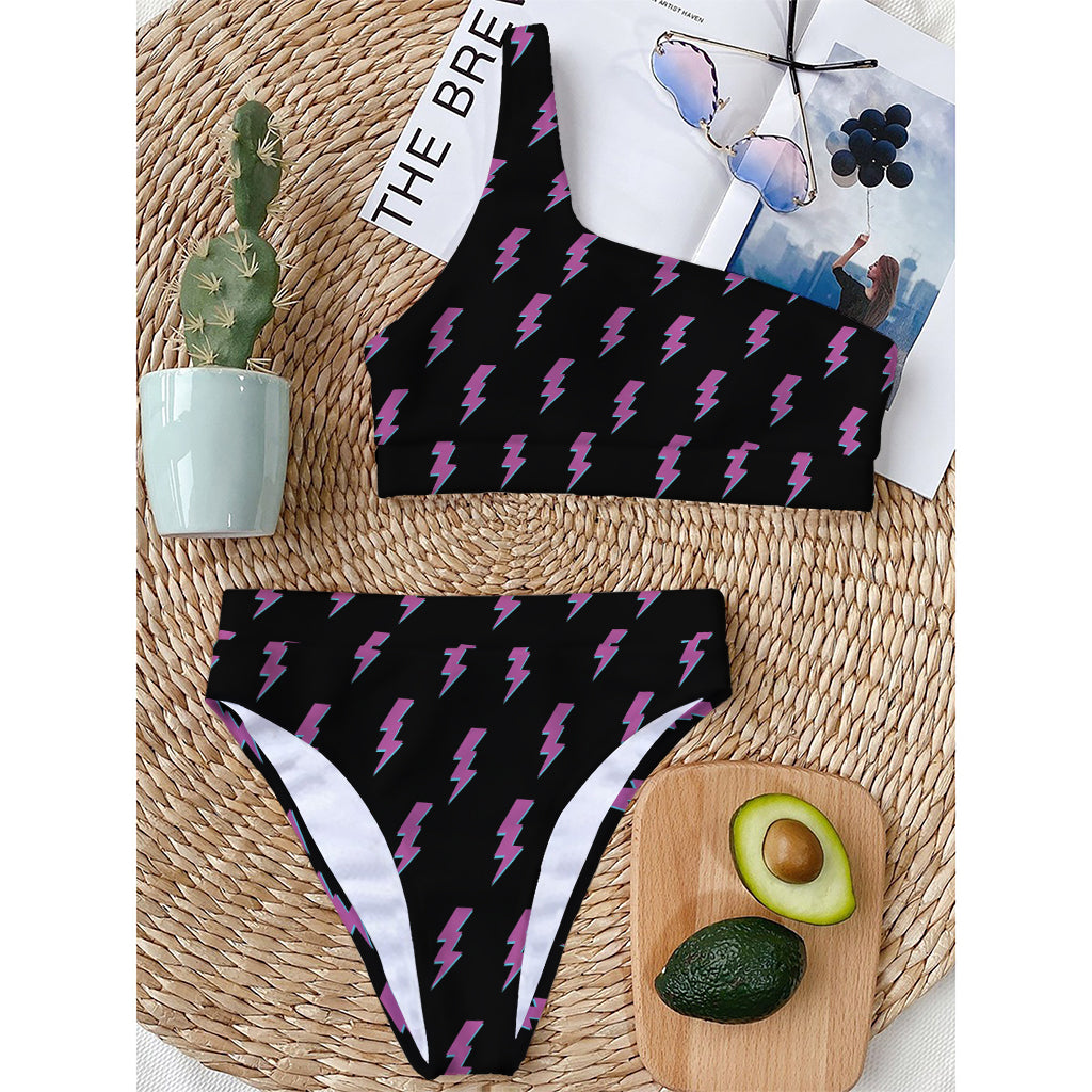 Purple And Teal Lightning Pattern Print One Shoulder Bikini Top