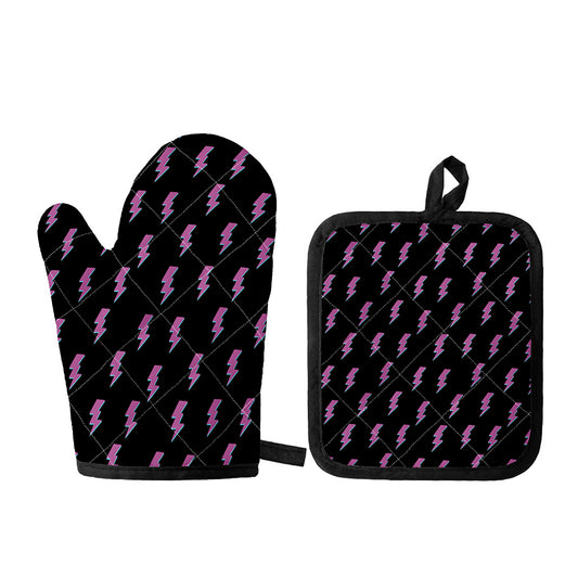 Purple And Teal Lightning Pattern Print Oven Mitt And Pot Holder Set