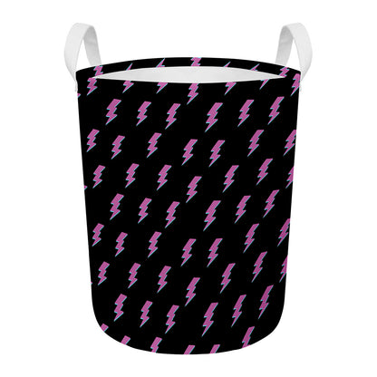 Purple And Teal Lightning Pattern Print Round Laundry Basket